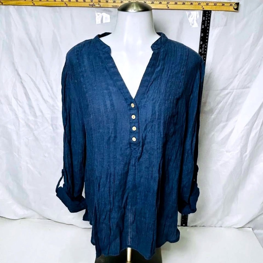 Zac & Rachel Navy‎ Blue Textured Roll Tab Sleeve Tunic Top Henley V-Neck ~ Large